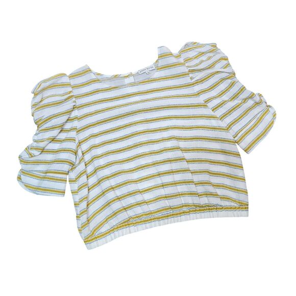 Anthro Moon River Linen Puffed Sleeve Top Crop Elastic Waist Yellow Stripe L - Picture 5 of 14